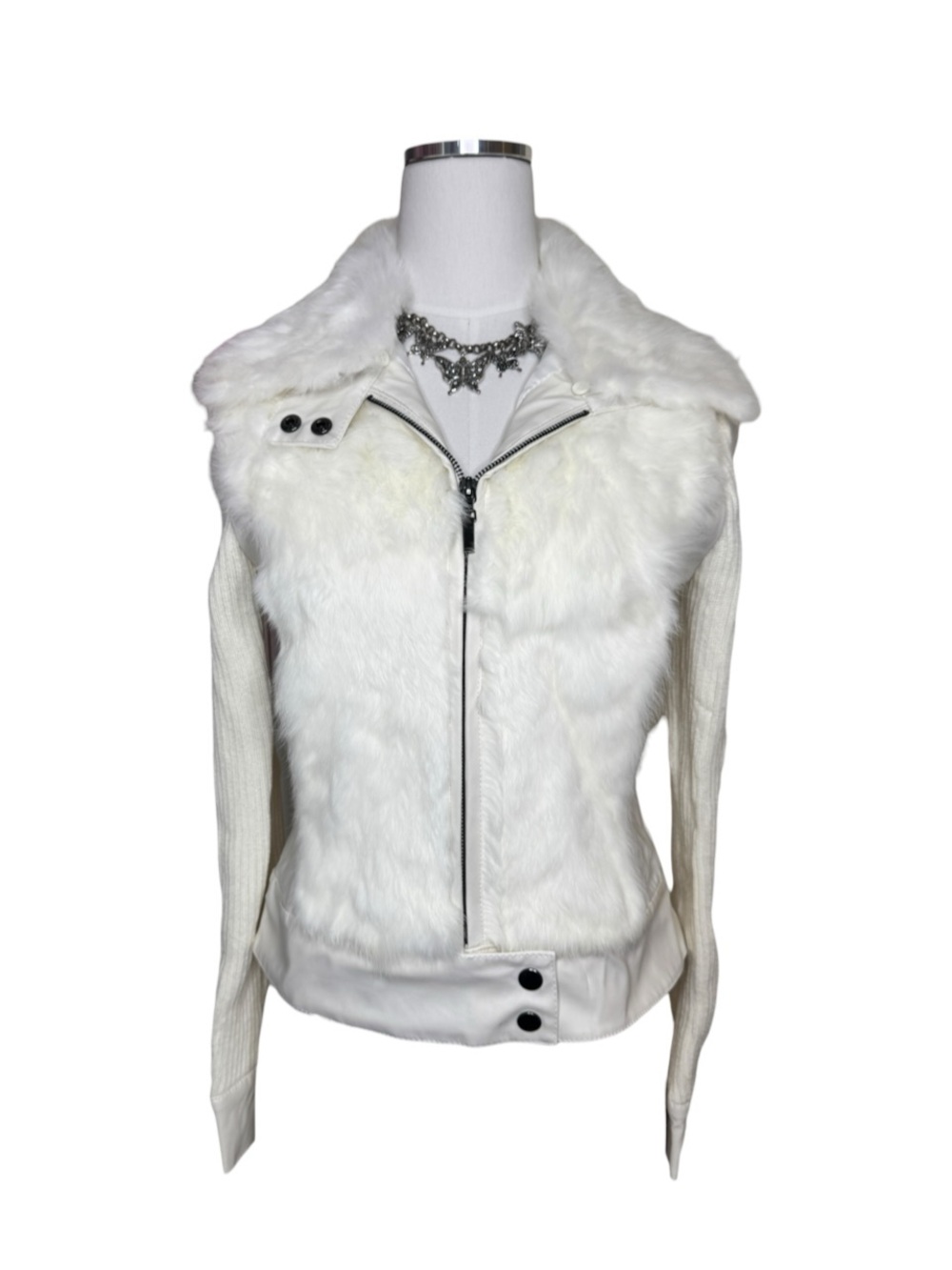 Deadstock Y2K Jennyfer White Faux Leather + Real Fur Moto Jacket Size Small